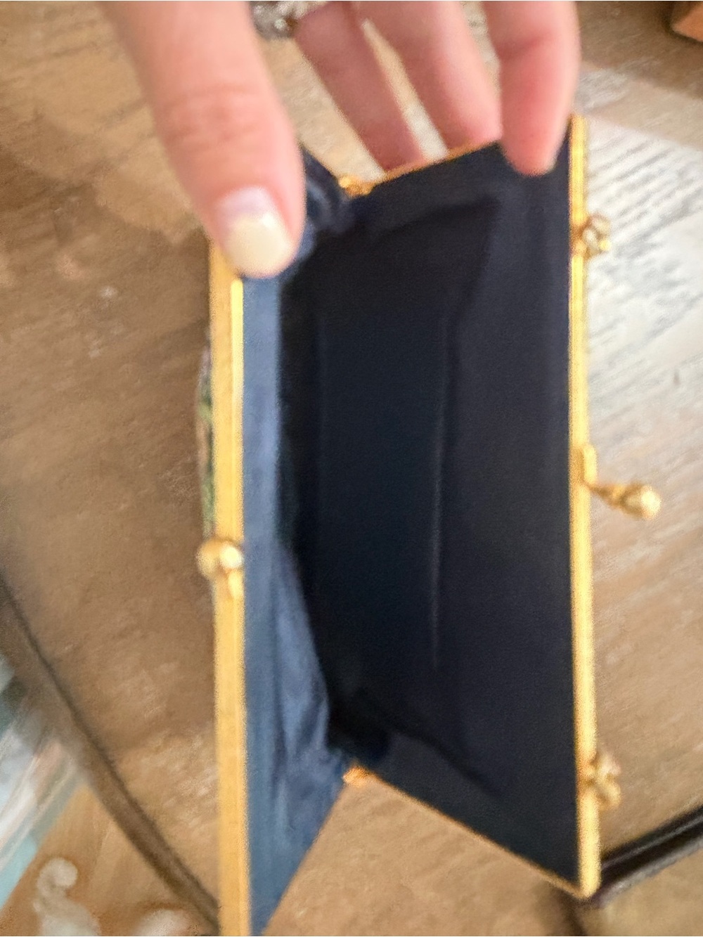 Vintage Navy Floral Needlepoint Frame Clutch with Gold Chain - Picture 2 of 3